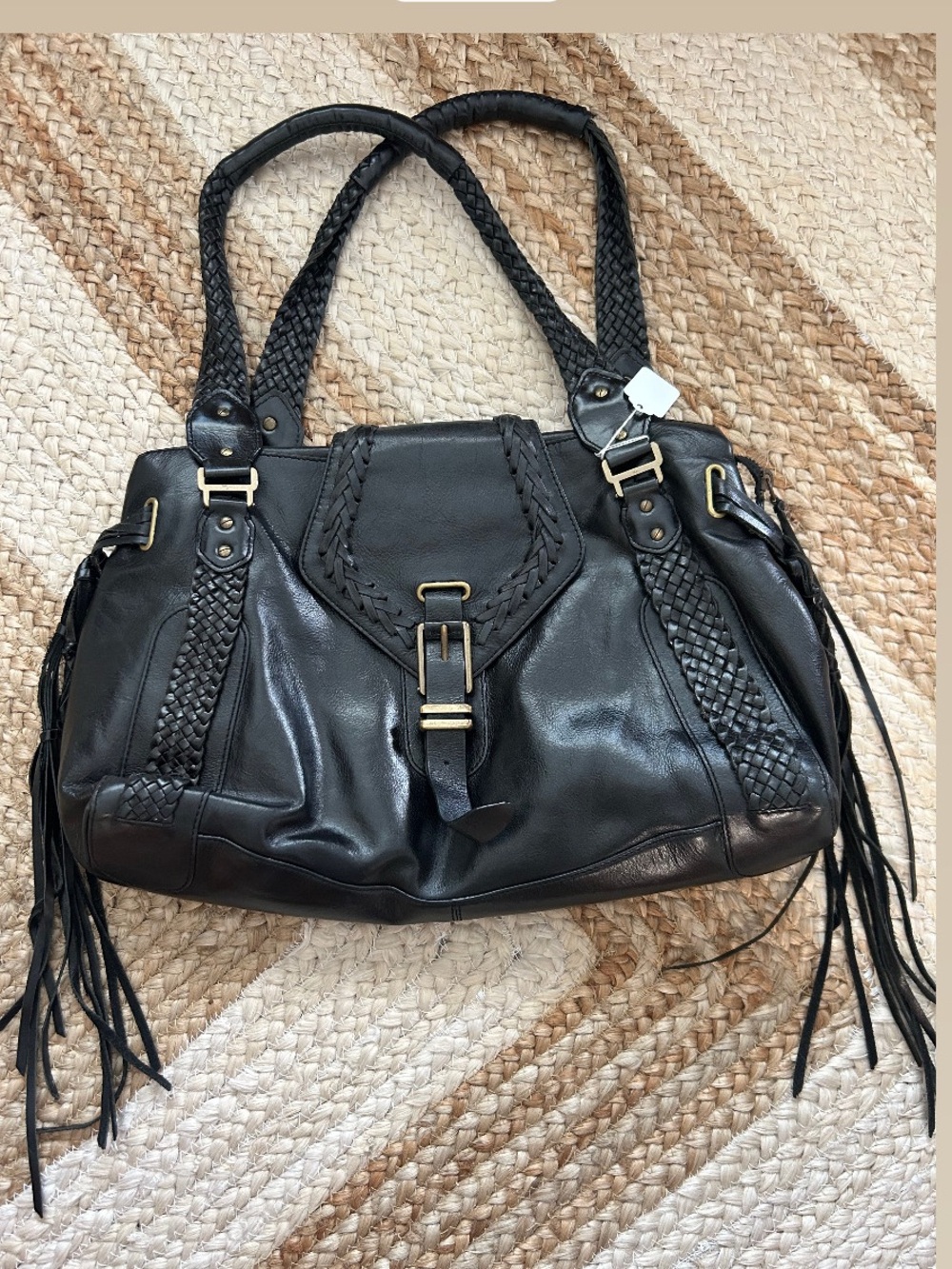 Cole Haan Black Leather Braided Fringe Shoulder Bag